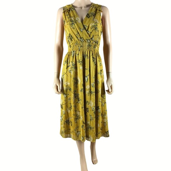 LONDON TIMES Golden Floral Smocked Waist Midi Dress Size 2 - Picture 1 of 7